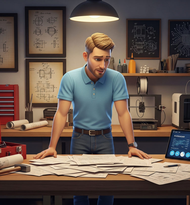 Mann in blauer Polo-Shirt steht nachdenklich über eine Arbeitsfläche voller Pläne.