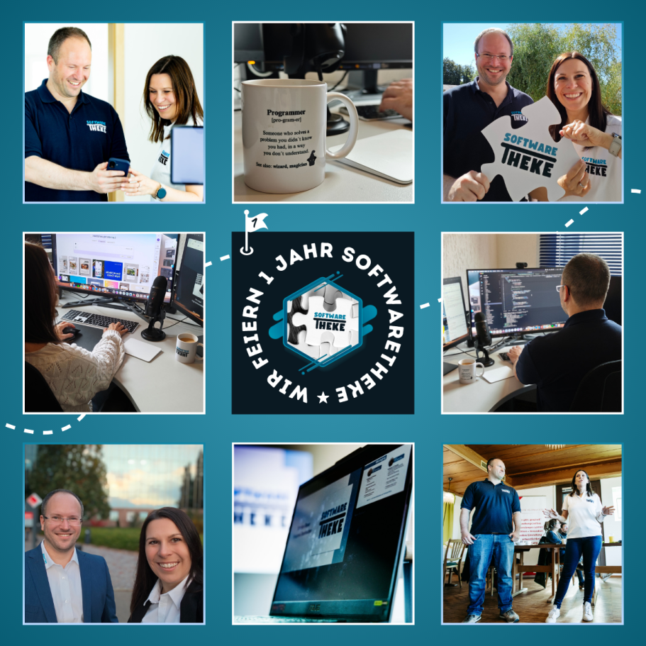 Partnerschaft mit Cosmico Logo von SoftwareTheke und COSMICO GmbH in eleganten goldenen Kreisen.