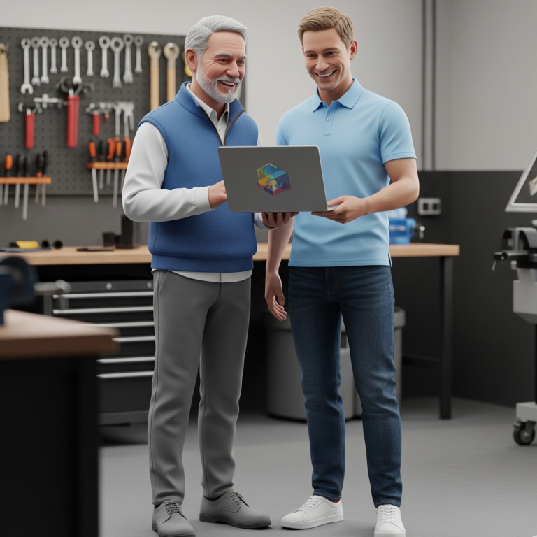 Vater und Sohn in einer Werkstatt schauen gemeinsam auf einen Laptop. Werkzeuge im Hintergrund.