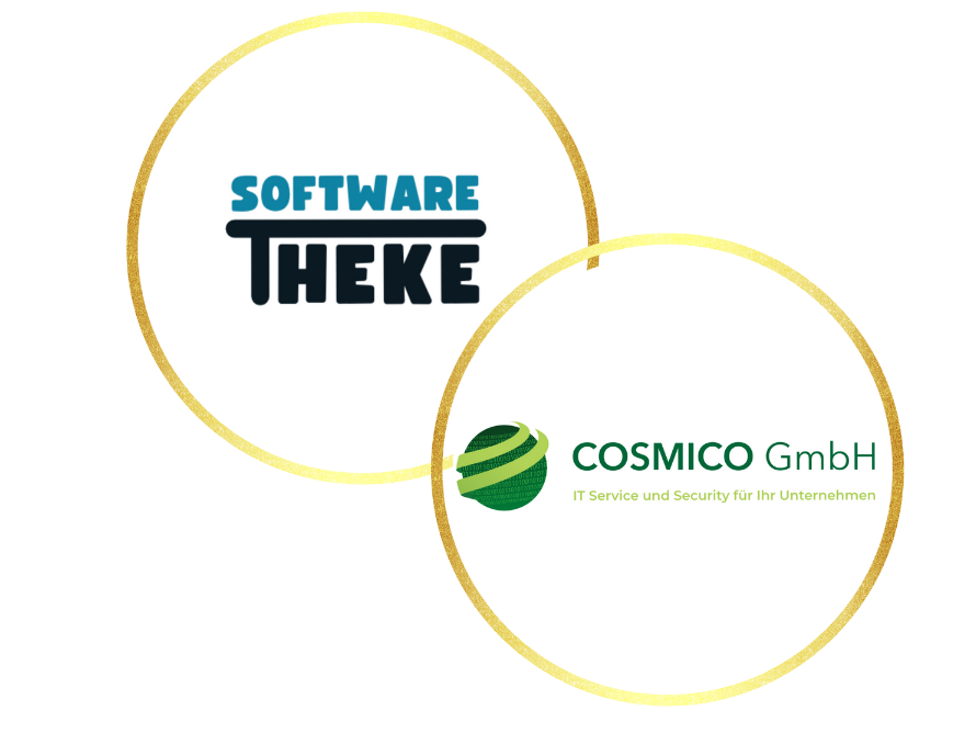 Partnerschaft mit Cosmico Logo von SoftwareTheke und COSMICO GmbH in eleganten goldenen Kreisen.