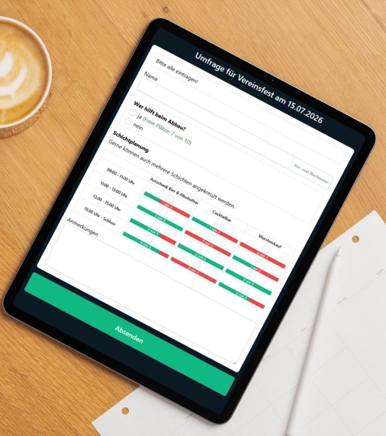 Umfrage-Tool Digitale Helferplanung leicht gemacht: Unser Umfrage-Tool kombiniert klassische Umfragen mit Kontingentverwaltung – ideal für Vereine, Ehren