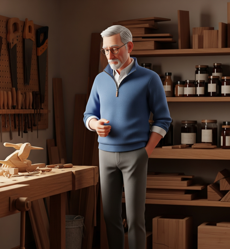 Älterer Mann steht in einer Werkstatt, umgeben von Holzarbeiten und Werkzeugen.